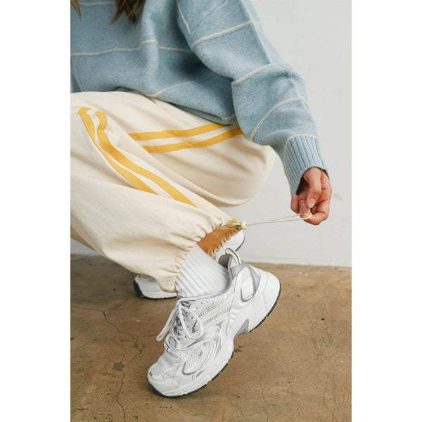 Striped Wide-Leg Drawstring Track Pants: Ivory/Yellow