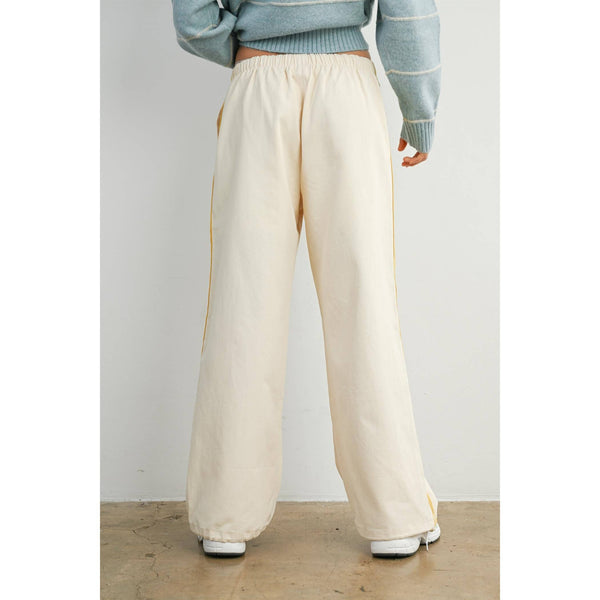 Striped Wide-Leg Drawstring Track Pants: Ivory/Yellow