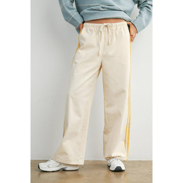 Striped Wide-Leg Drawstring Track Pants: Ivory/Yellow