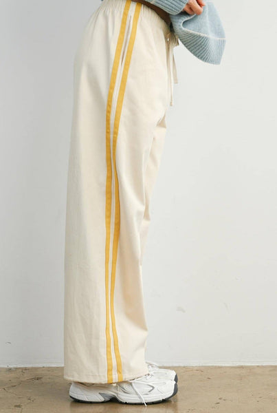 Striped Wide-Leg Drawstring Track Pants: Ivory/Yellow