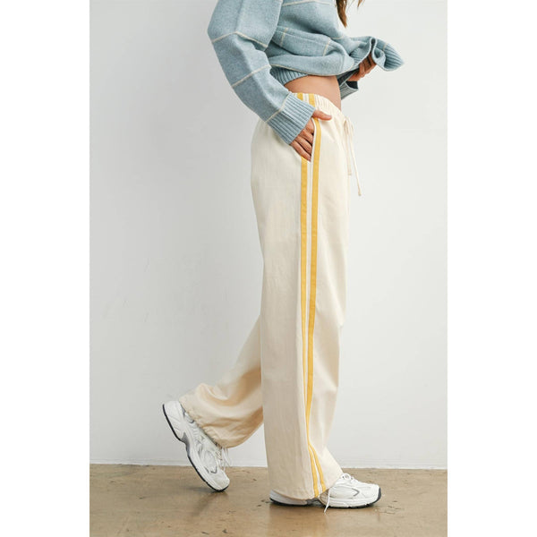 Striped Wide-Leg Drawstring Track Pants: Ivory/Yellow