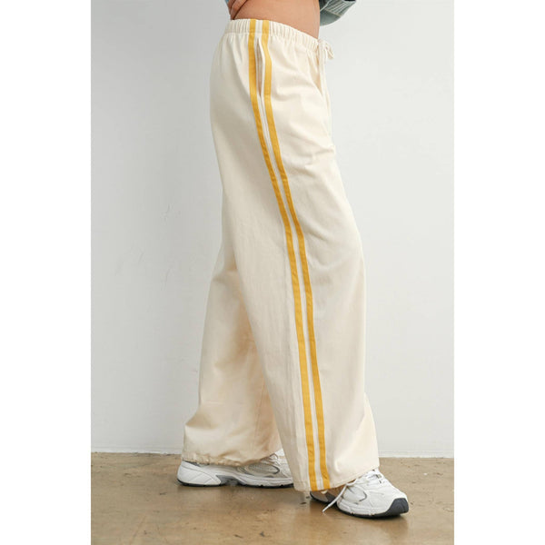 Striped Wide-Leg Drawstring Track Pants: Ivory/Yellow