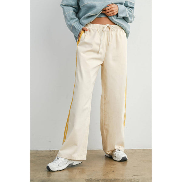 Striped Wide-Leg Drawstring Track Pants: Ivory/Yellow