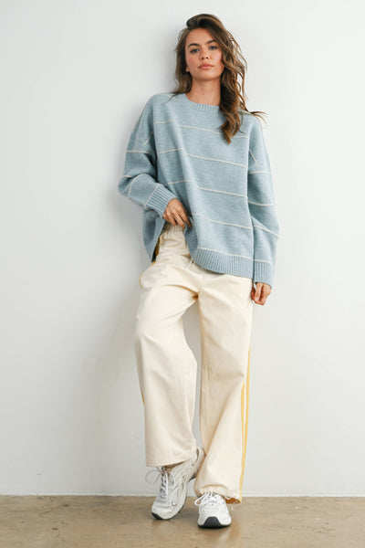 Striped Wide-Leg Drawstring Track Pants: Ivory/Yellow