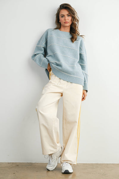 Striped Wide-Leg Drawstring Track Pants: Ivory/Yellow